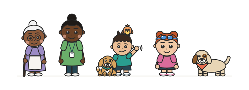 Vó Dete, Tia Lu, a cachorra Pipoca, Apontinho com o Caju na cabeça, Lia e o cachorro Fubá, lado a lado